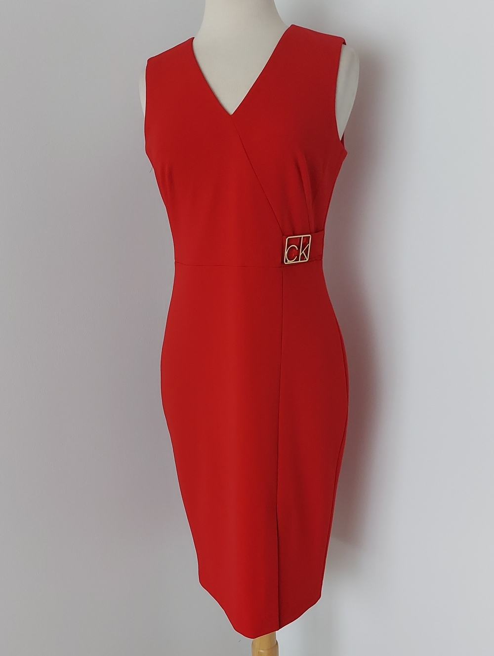 Calvin Klein Sleeveless Red Wrap Sheath Dress with CK Buckle